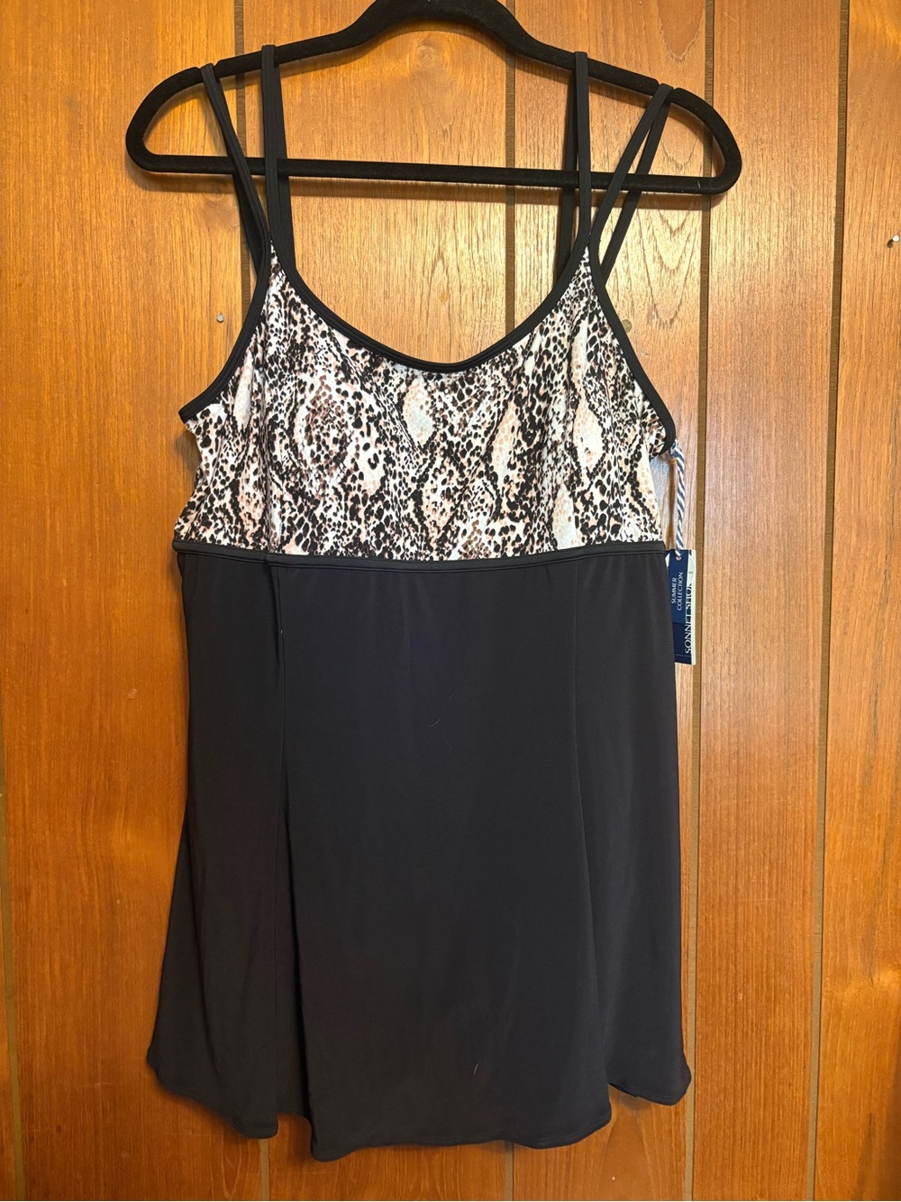 NWT Sonnet Shores Black Swimdress with Animal Print Bodice 1pc full coverage